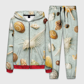 Мужской костюм 3D с принтом Океанские ракушки и морские звёзды на песке в Санкт-Петербурге, 100% полиэстер | Манжеты и пояс оформлены тканевой резинкой, двухслойный капюшон со шнурком для регулировки, карманы спереди | 