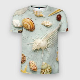 Мужская футболка 3D Slim с принтом Океанские ракушки и морские звёзды на песке в Петрозаводске, 100% полиэстер с улучшенными характеристиками | приталенный силуэт, круглая горловина, широкие плечи, сужается к линии бедра | Тематика изображения на принте: 