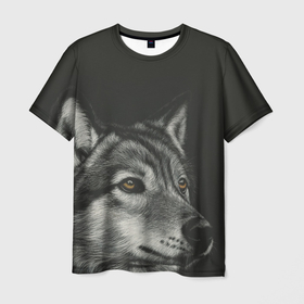 Мужская футболка 3D с принтом Спокойный серый  волк в Белгороде, 100% полиэфир | прямой крой, круглый вырез горловины, длина до линии бедер | 