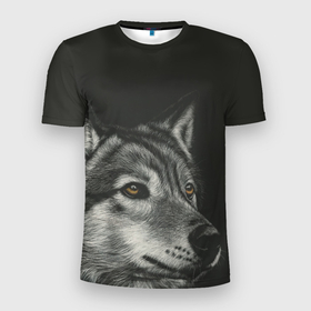 Мужская футболка 3D Slim с принтом Спокойный серый  волк в Белгороде, 100% полиэстер с улучшенными характеристиками | приталенный силуэт, круглая горловина, широкие плечи, сужается к линии бедра | 