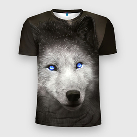 Мужская футболка 3D Slim с принтом Волчица с голубыми глазами в Белгороде, 100% полиэстер с улучшенными характеристиками | приталенный силуэт, круглая горловина, широкие плечи, сужается к линии бедра | 