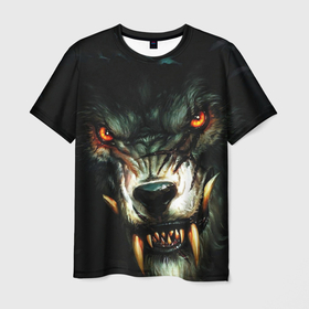 Мужская футболка 3D с принтом Злой волк с длинными клыками в Курске, 100% полиэфир | прямой крой, круглый вырез горловины, длина до линии бедер | 