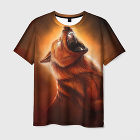 Мужская футболка 3D с принтом Огненный волк в Петрозаводске, 100% полиэфир | прямой крой, круглый вырез горловины, длина до линии бедер | Тематика изображения на принте: 