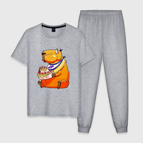 Мужская пижама хлопок с принтом Капибара празднует день рождения , 100% хлопок | брюки и футболка прямого кроя, без карманов, на брюках мягкая резинка на поясе и по низу штанин
 | 