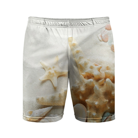 Мужские шорты спортивные с принтом Морские звёзды и ракушки на океанском берегу в Кировске,  |  | 