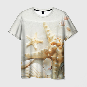 Мужская футболка 3D с принтом Морские звёзды и ракушки на океанском берегу в Тюмени, 100% полиэфир | прямой крой, круглый вырез горловины, длина до линии бедер | 