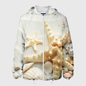 Мужская куртка 3D с принтом Морские звёзды и ракушки на океанском берегу в Новосибирске, ткань верха — 100% полиэстер, подклад — флис | прямой крой, подол и капюшон оформлены резинкой с фиксаторами, два кармана без застежек по бокам, один большой потайной карман на груди. Карман на груди застегивается на липучку | 