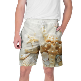 Мужские шорты 3D с принтом Морские звёзды и ракушки на океанском берегу в Тюмени,  полиэстер 100% | прямой крой, два кармана без застежек по бокам. Мягкая трикотажная резинка на поясе, внутри которой широкие завязки. Длина чуть выше колен | 