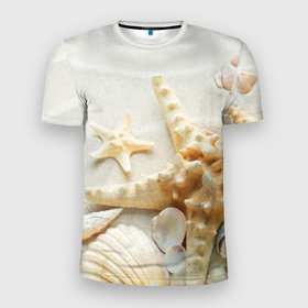 Мужская футболка 3D Slim с принтом Морские звёзды и ракушки на океанском берегу в Тюмени, 100% полиэстер с улучшенными характеристиками | приталенный силуэт, круглая горловина, широкие плечи, сужается к линии бедра | 