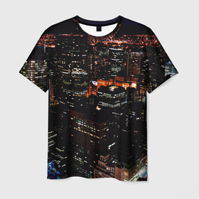 Мужская футболка 3D с принтом Ночной город   вид с высоты в Курске, 100% полиэфир | прямой крой, круглый вырез горловины, длина до линии бедер | 