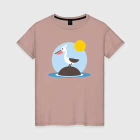 Женская футболка хлопок с принтом Пеликан греется на камушке в Кировске, 100% хлопок | прямой крой, круглый вырез горловины, длина до линии бедер, слегка спущенное плечо | 