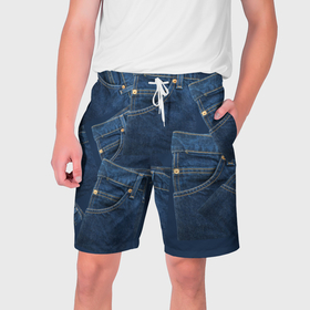 Мужские шорты 3D с принтом Джинсовка jeans в Петрозаводске,  полиэстер 100% | прямой крой, два кармана без застежек по бокам. Мягкая трикотажная резинка на поясе, внутри которой широкие завязки. Длина чуть выше колен | Тематика изображения на принте: 