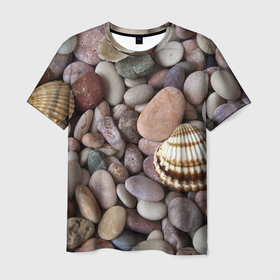 Мужская футболка 3D с принтом Морские камни и ракушки в Екатеринбурге, 100% полиэфир | прямой крой, круглый вырез горловины, длина до линии бедер | Тематика изображения на принте: 