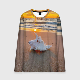 Мужской лонгслив 3D с принтом Ракушка на песочном берегу тихого океана в Екатеринбурге, 100% полиэстер | длинные рукава, круглый вырез горловины, полуприлегающий силуэт | Тематика изображения на принте: 