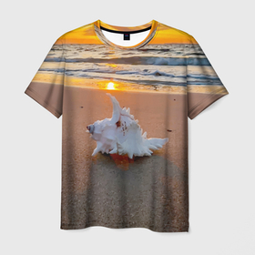 Мужская футболка 3D с принтом Ракушка на песочном берегу тихого океана в Екатеринбурге, 100% полиэфир | прямой крой, круглый вырез горловины, длина до линии бедер | Тематика изображения на принте: 