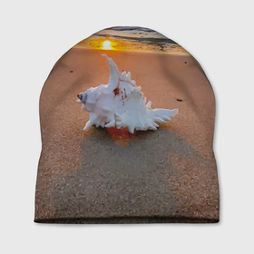 Шапка 3D с принтом Ракушка на песочном берегу тихого океана в Тюмени, 100% полиэстер | универсальный размер, печать по всей поверхности изделия | 