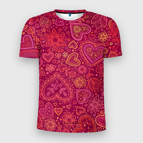 Мужская футболка 3D Slim с принтом Цветы с сердцами , 100% полиэстер с улучшенными характеристиками | приталенный силуэт, круглая горловина, широкие плечи, сужается к линии бедра | 