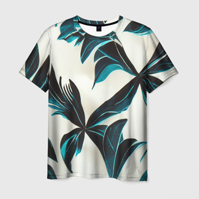 Мужская футболка 3D с принтом Листья тропические тёмно синие в Курске, 100% полиэфир | прямой крой, круглый вырез горловины, длина до линии бедер | Тематика изображения на принте: 