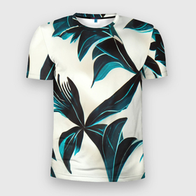 Мужская футболка 3D Slim с принтом Листья тропические тёмно синие в Курске, 100% полиэстер с улучшенными характеристиками | приталенный силуэт, круглая горловина, широкие плечи, сужается к линии бедра | Тематика изображения на принте: 