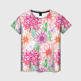 Женская футболка 3D с принтом Георгин и гербер в Кировске, 100% полиэфир ( синтетическое хлопкоподобное полотно) | прямой крой, круглый вырез горловины, длина до линии бедер | 