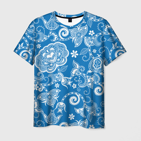 Мужская футболка 3D с принтом Голубое кружево в Новосибирске, 100% полиэфир | прямой крой, круглый вырез горловины, длина до линии бедер | 