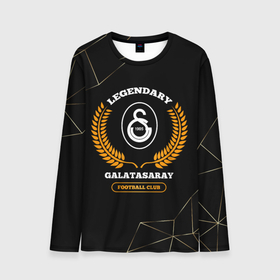 Мужской лонгслив 3D с принтом Лого Galatasaray и надпись legendary football club на темном фоне в Новосибирске, 100% полиэстер | длинные рукава, круглый вырез горловины, полуприлегающий силуэт | Тематика изображения на принте: 