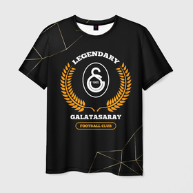 Мужская футболка 3D с принтом Лого Galatasaray и надпись legendary football club на темном фоне в Екатеринбурге, 100% полиэфир | прямой крой, круглый вырез горловины, длина до линии бедер | 