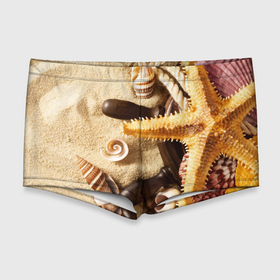 Мужские купальные плавки 3D с принтом Корабельный штурвал, морская звезда, ракушки на песке в Курске, Полиэстер 85%, Спандекс 15% |  | 