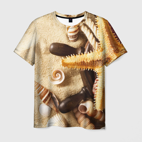 Мужская футболка 3D с принтом Корабельный штурвал, морская звезда, ракушки на песке в Екатеринбурге, 100% полиэфир | прямой крой, круглый вырез горловины, длина до линии бедер | Тематика изображения на принте: 