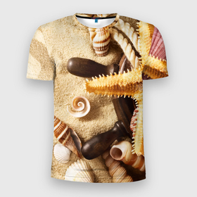 Мужская футболка 3D Slim с принтом Корабельный штурвал, морская звезда, ракушки на песке в Курске, 100% полиэстер с улучшенными характеристиками | приталенный силуэт, круглая горловина, широкие плечи, сужается к линии бедра | 
