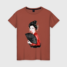 Женская футболка хлопок с принтом Гейша акварелью в Екатеринбурге, 100% хлопок | прямой крой, круглый вырез горловины, длина до линии бедер, слегка спущенное плечо | 