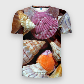 Мужская футболка 3D Slim с принтом Композиция из океанских ракушек в Санкт-Петербурге, 100% полиэстер с улучшенными характеристиками | приталенный силуэт, круглая горловина, широкие плечи, сужается к линии бедра | 