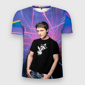 Мужская футболка 3D Slim с принтом Юрий Шатунов на неоновом фоне , 100% полиэстер с улучшенными характеристиками | приталенный силуэт, круглая горловина, широкие плечи, сужается к линии бедра | 