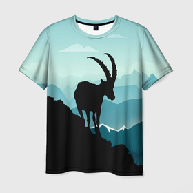 Мужская футболка 3D с принтом Горный козел и горы в Кировске, 100% полиэфир | прямой крой, круглый вырез горловины, длина до линии бедер | Тематика изображения на принте: 