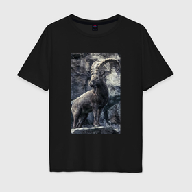Мужская футболка хлопок Oversize с принтом Горный козел на фоне скалы , 100% хлопок | свободный крой, круглый ворот, “спинка” длиннее передней части | 