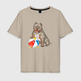 Мужская футболка хлопок Oversize с принтом Американский Булли с мячиком в Петрозаводске, 100% хлопок | свободный крой, круглый ворот, “спинка” длиннее передней части | Тематика изображения на принте: 