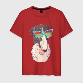 Мужская футболка хлопок с принтом Довольный пес в радужных очках в Курске, 100% хлопок | прямой крой, круглый вырез горловины, длина до линии бедер, слегка спущенное плечо. | 