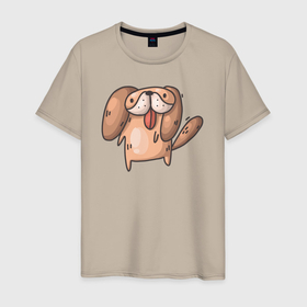 Мужская футболка хлопок с принтом маленькая довольная собачка в Санкт-Петербурге, 100% хлопок | прямой крой, круглый вырез горловины, длина до линии бедер, слегка спущенное плечо. | 