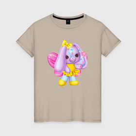 Женская футболка хлопок с принтом Фиолетовый зайчик с крылашками в Курске, 100% хлопок | прямой крой, круглый вырез горловины, длина до линии бедер, слегка спущенное плечо | 