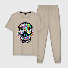 Мужская пижама хлопок с принтом Чёрный мексиканский череп с разноцветными цветами в Тюмени, 100% хлопок | брюки и футболка прямого кроя, без карманов, на брюках мягкая резинка на поясе и по низу штанин
 | 