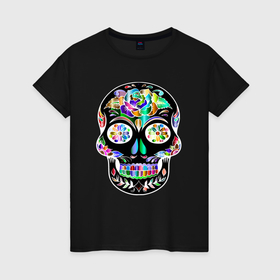 Женская футболка хлопок с принтом Чёрный мексиканский череп с разноцветными цветами в Екатеринбурге, 100% хлопок | прямой крой, круглый вырез горловины, длина до линии бедер, слегка спущенное плечо | 