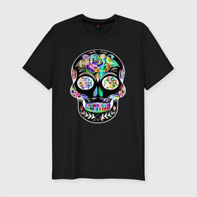 Мужская футболка хлопок Slim с принтом Чёрный мексиканский череп с разноцветными цветами в Тюмени, 92% хлопок, 8% лайкра | приталенный силуэт, круглый вырез ворота, длина до линии бедра, короткий рукав | 