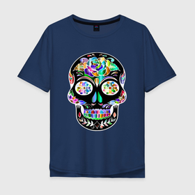 Мужская футболка хлопок Oversize с принтом Чёрный мексиканский череп с разноцветными цветами в Екатеринбурге, 100% хлопок | свободный крой, круглый ворот, “спинка” длиннее передней части | Тематика изображения на принте: 