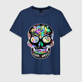 Мужская футболка хлопок с принтом Чёрный мексиканский череп с разноцветными цветами в Екатеринбурге, 100% хлопок | прямой крой, круглый вырез горловины, длина до линии бедер, слегка спущенное плечо. | 