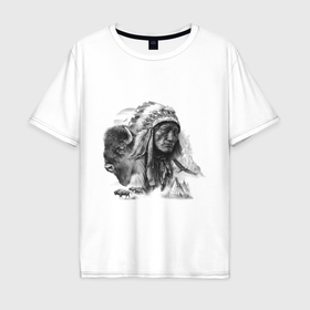 Мужская футболка хлопок Oversize с принтом Chief of the Indian tribe в Белгороде, 100% хлопок | свободный крой, круглый ворот, “спинка” длиннее передней части | 