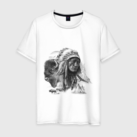Мужская футболка хлопок с принтом Chief of the Indian tribe в Белгороде, 100% хлопок | прямой крой, круглый вырез горловины, длина до линии бедер, слегка спущенное плечо. | 