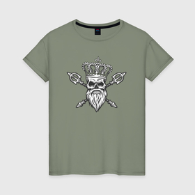 Женская футболка хлопок с принтом Череп в короне и с жезлами в Белгороде, 100% хлопок | прямой крой, круглый вырез горловины, длина до линии бедер, слегка спущенное плечо | 