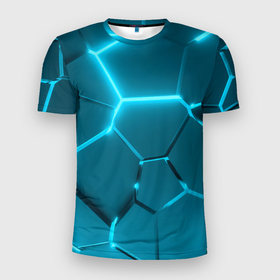 Мужская футболка 3D Slim с принтом Ледяные неоновые геометрические плиты в Новосибирске, 100% полиэстер с улучшенными характеристиками | приталенный силуэт, круглая горловина, широкие плечи, сужается к линии бедра | 