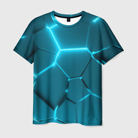 Мужская футболка 3D с принтом Ледяные неоновые геометрические плиты , 100% полиэфир | прямой крой, круглый вырез горловины, длина до линии бедер | 