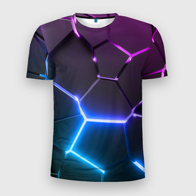 Мужская футболка 3D Slim с принтом Фиолетовый градиент   неоновые геометрические плиты в Екатеринбурге, 100% полиэстер с улучшенными характеристиками | приталенный силуэт, круглая горловина, широкие плечи, сужается к линии бедра | 